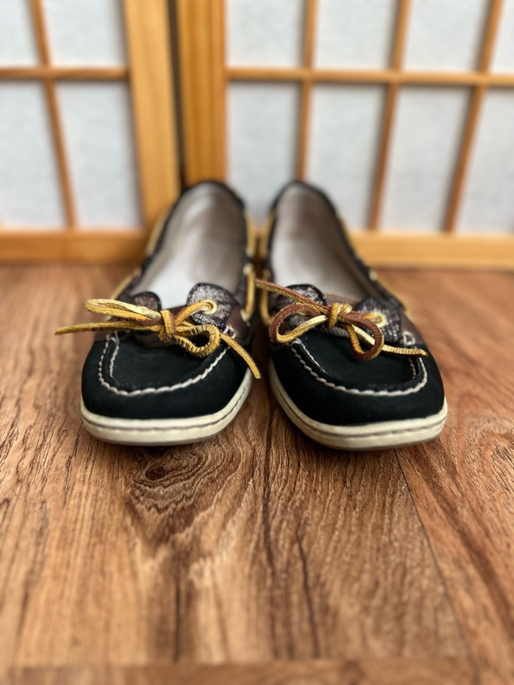 Sperry TopSider Boat Shoes Women 7.5M Black Brown Metallic Leather Lace Up Flats - Picture 3 of 13